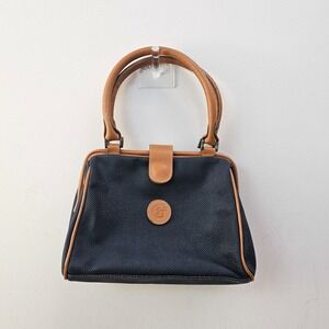 Vintage 80s Doctors Bag Womens Navy Tan Leather Trim Pebbled PVC Satchel FLAWED